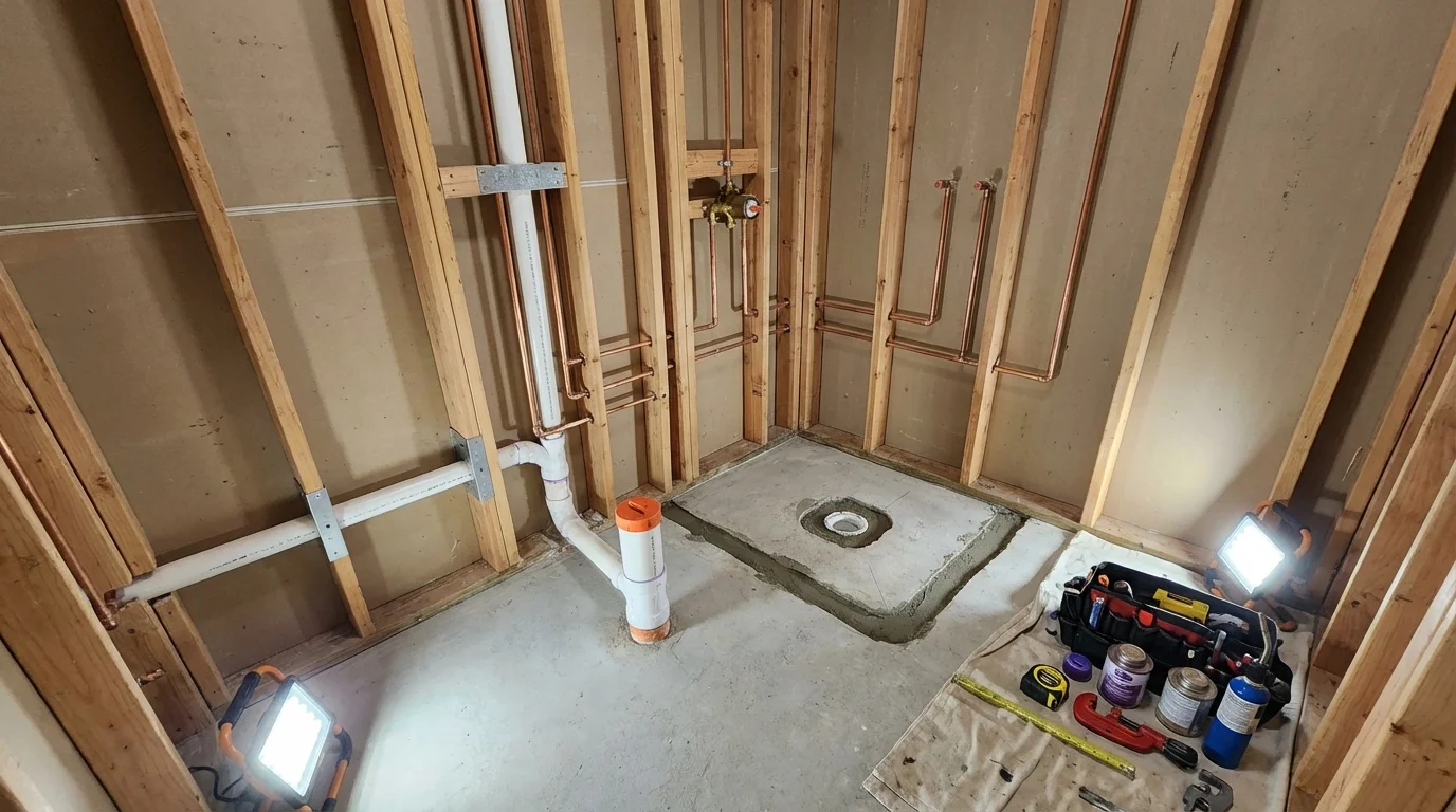 Bathroom rough-in plumbing during remodel by Johns Plumbing LLC in Oakfield