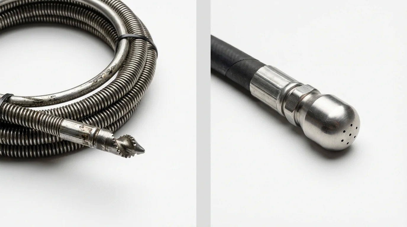 Drain snake cable and hydro jetting nozzle used for drain cleaning in Oakfield, NY