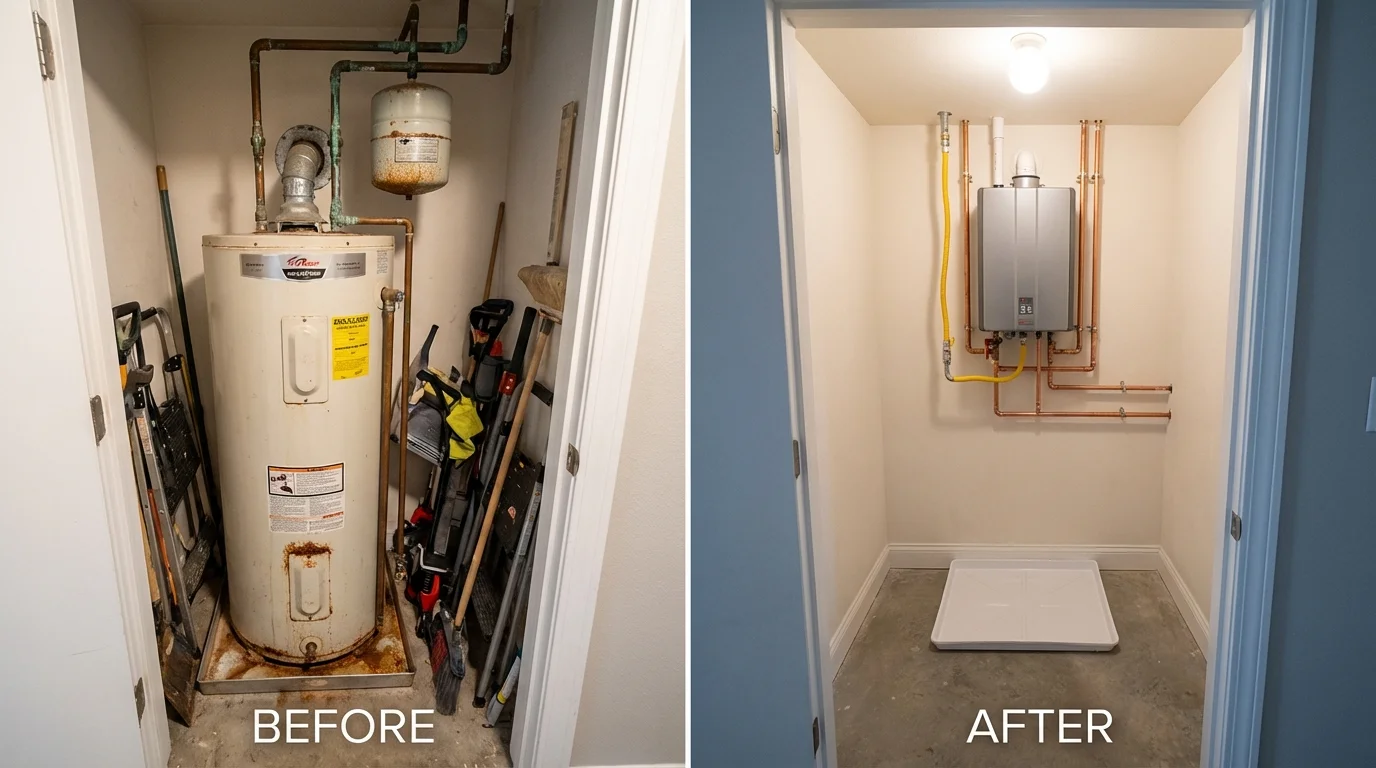 Tank water heater versus wall-mounted tankless unit comparison for Oakfield, NY homeowners