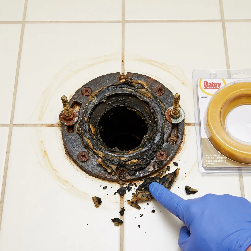 Failed wax ring showing water seepage at the base of a toilet in a Oakfield, NY home